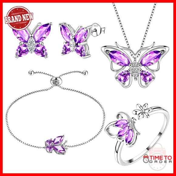 Sterling Silver Butterfly Jewelry Set Pendant Ring Earrings Adjustable Elegant